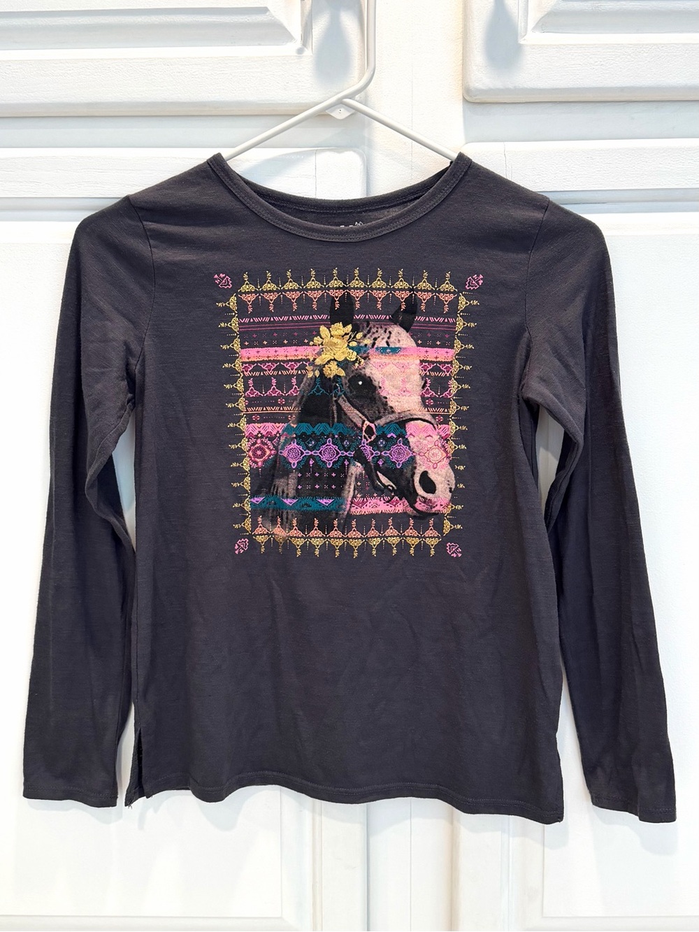 Mudd Girls 14 Long Sleeve T-Shirt Horse Graphic Print Crew Neck Gray